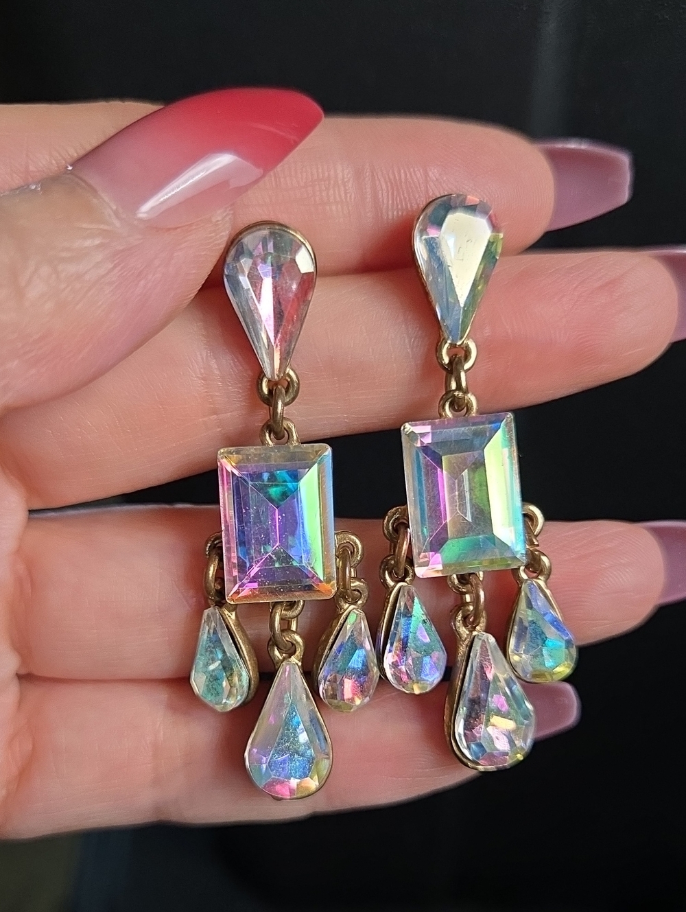 Vintage Iridescent Crystal Drop Earrings - Pink, Purple, Blue